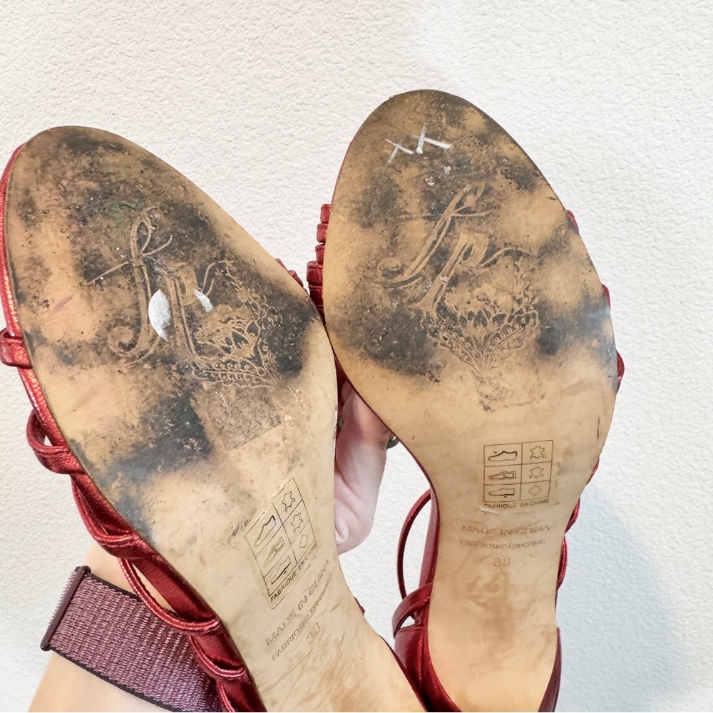 Free People Disco Fever Metallic Red Strappy Stiletto Heels Size 38 US 7.5 Party - Picture 6 of 12